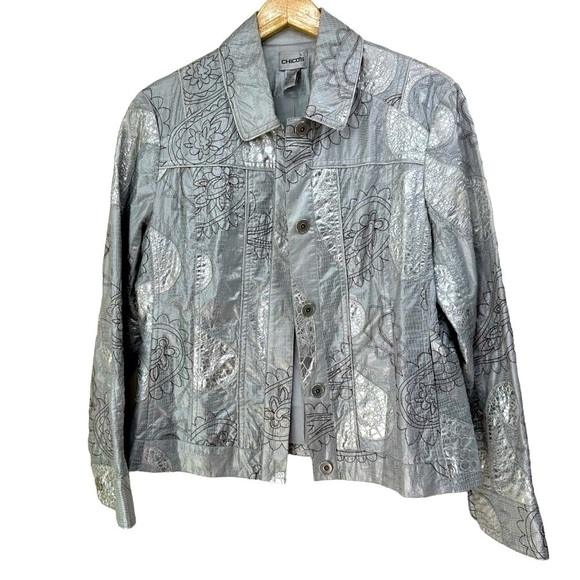 Chico's Jackets & Blazers - Chico’s Sarianna Paisley Metallic Silver Jean Jacket Style, Size 1
